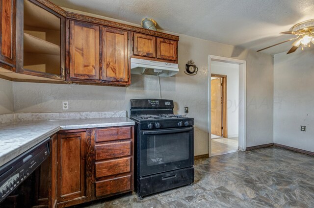 823 Ave N, Sunray, TX 79086 - kitchen featuring black appliances, under cabinet range hood, a ceiling fan, brown cabinets, and baseboards