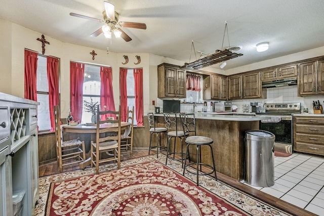 kitchen with a ceiling fan, a breakfast bar area, a peninsula, under cabinet range hood, and electric range