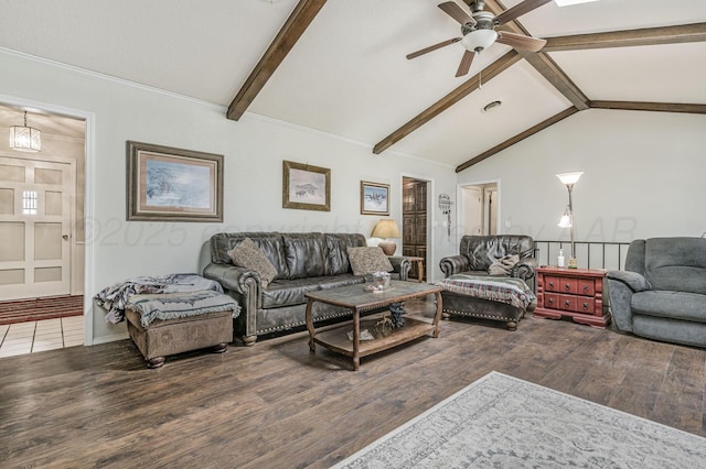 living room featuring vaulted ceiling with beams, wood finished floors, and ceiling fan