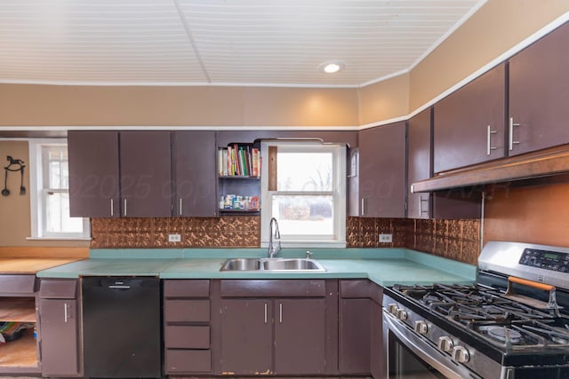 kitchen with sink, dishwasher, dark brown cabinets, plenty of natural light, and stainless steel gas range oven