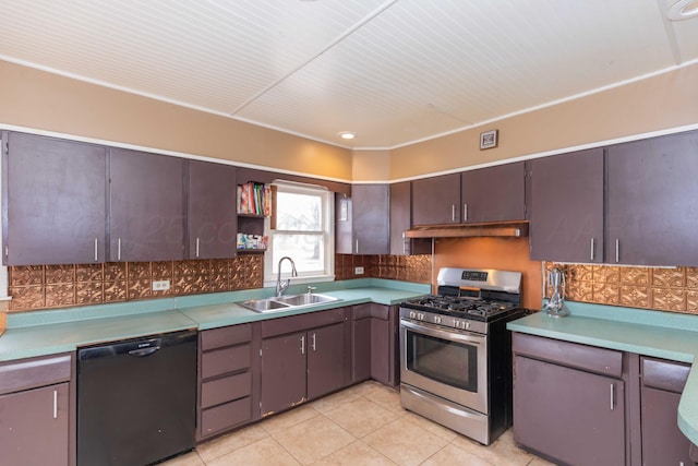 kitchen featuring dishwasher, sink, dark brown cabinetry, and stainless steel gas stove