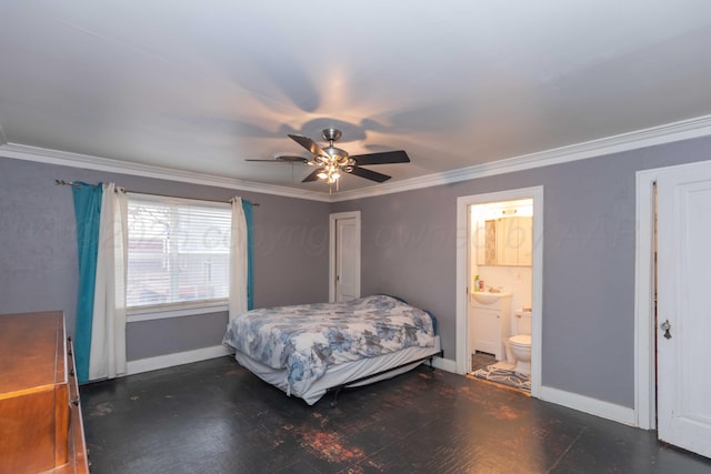 bedroom featuring ceiling fan, ensuite bath, and ornamental molding