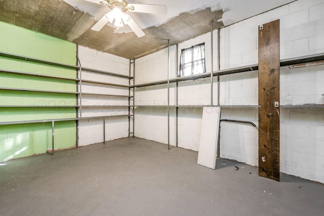 basement featuring ceiling fan