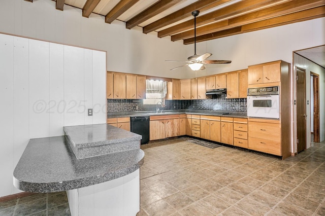 kitchen featuring beam ceiling, black appliances, kitchen peninsula, and ceiling fan