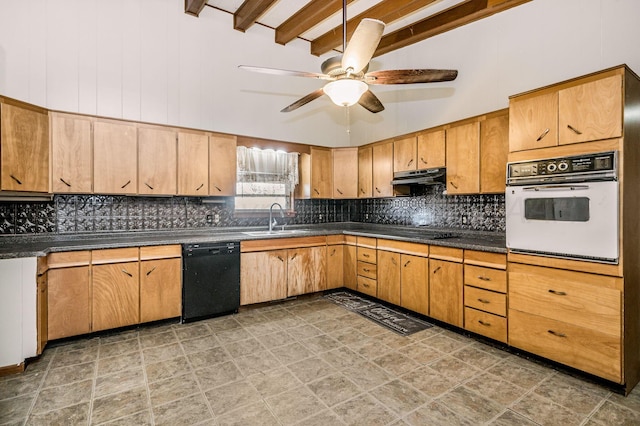 kitchen with ceiling fan, beam ceiling, sink, and black appliances