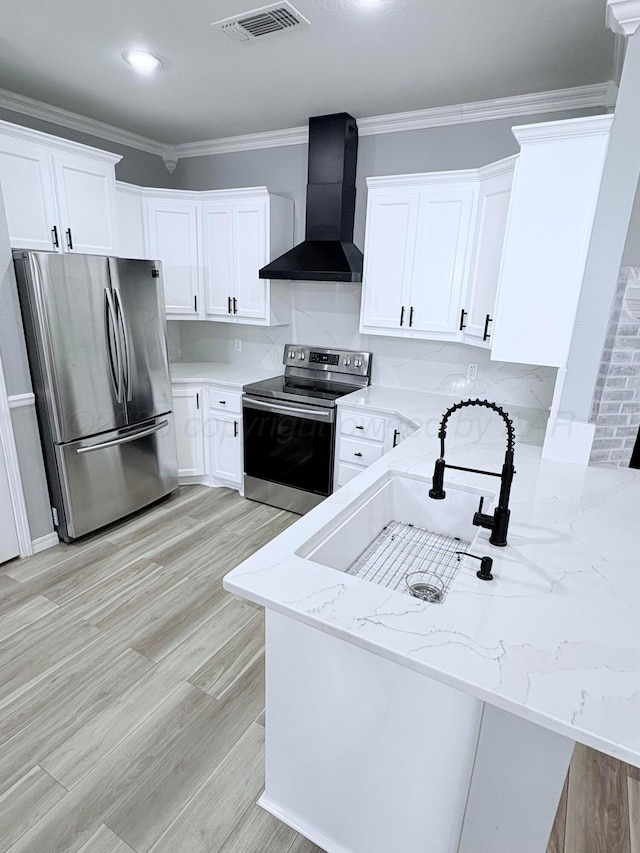 9317 Shylana Ave, Amarillo, TX 79119 - kitchen featuring wall chimney range hood, stainless steel appliances, light stone countertops, white cabinets, and ornamental molding