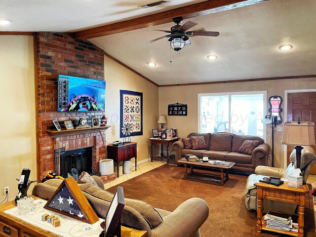 living room with crown molding, a textured ceiling, vaulted ceiling with beams, and a brick fireplace