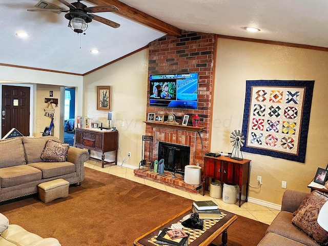 tiled living room with a textured ceiling, a fireplace, ceiling fan, crown molding, and lofted ceiling with beams