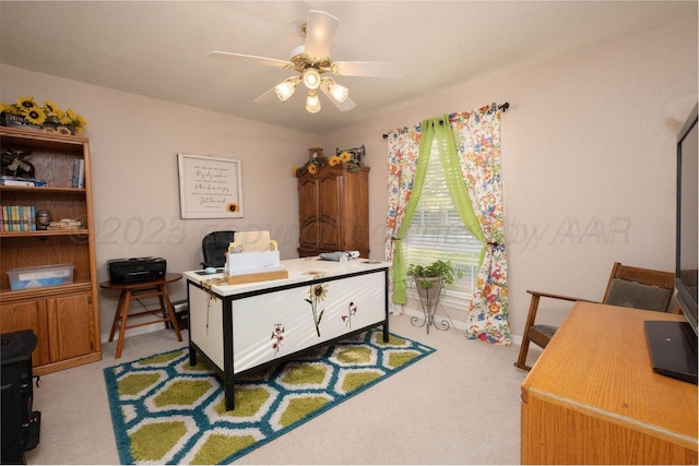 office area with carpet flooring and ceiling fan