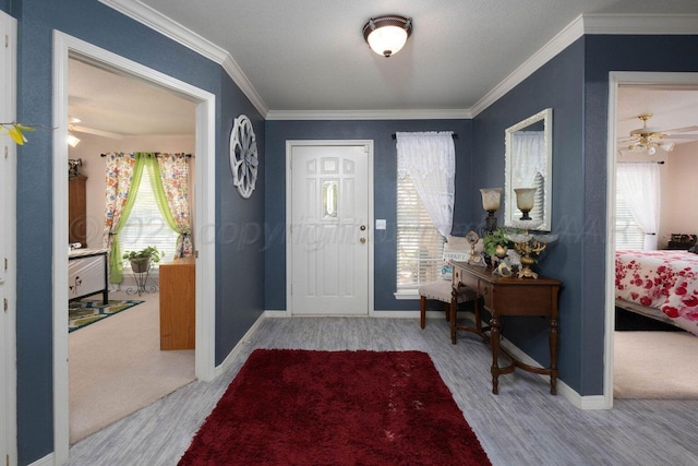 carpeted entrance foyer featuring a wealth of natural light, crown molding, and baseboards