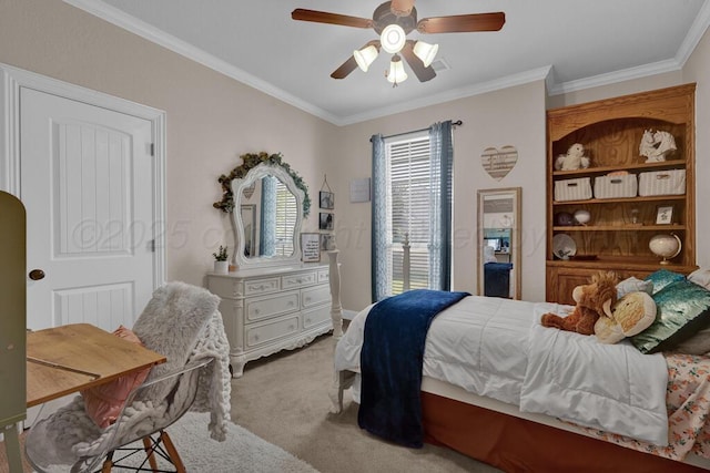 6905 Spring Cherry Ln, Amarillo, TX 79124 - bedroom with light carpet, crown molding, and ceiling fan