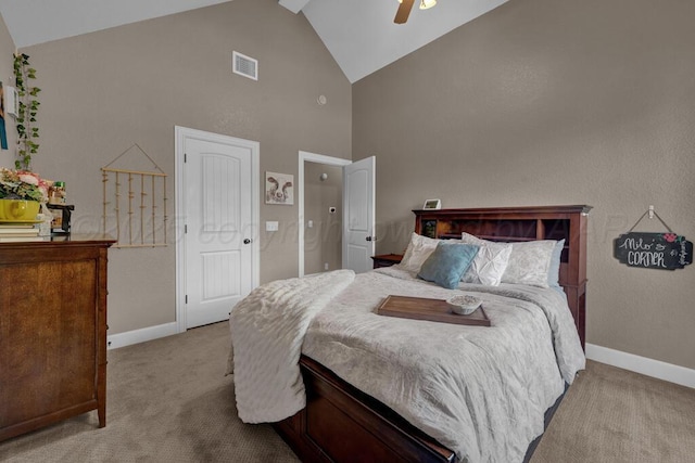 6905 Spring Cherry Ln, Amarillo, TX 79124 - carpeted bedroom with high vaulted ceiling and a ceiling fan