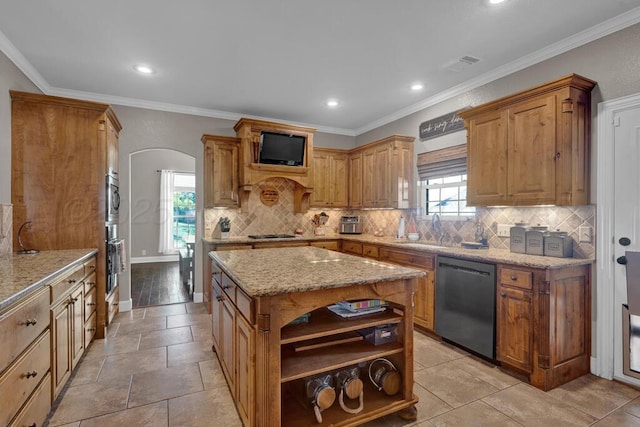 6905 Spring Cherry Ln, Amarillo, TX 79124 - kitchen featuring black dishwasher, light stone counters, open shelves, a center island, and gas stovetop
