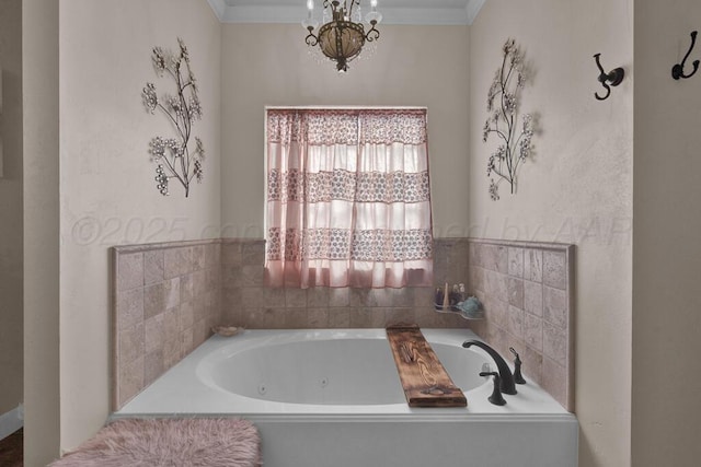 6905 Spring Cherry Ln, Amarillo, TX 79124 - full bathroom featuring a chandelier, a tub with jets, and crown molding