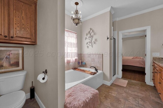 6905 Spring Cherry Ln, Amarillo, TX 79124 - full bathroom featuring a garden tub, ornamental molding, vanity, a chandelier, and connected bathroom