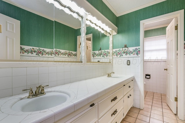 bathroom featuring vanity, tile walls, and tile patterned flooring