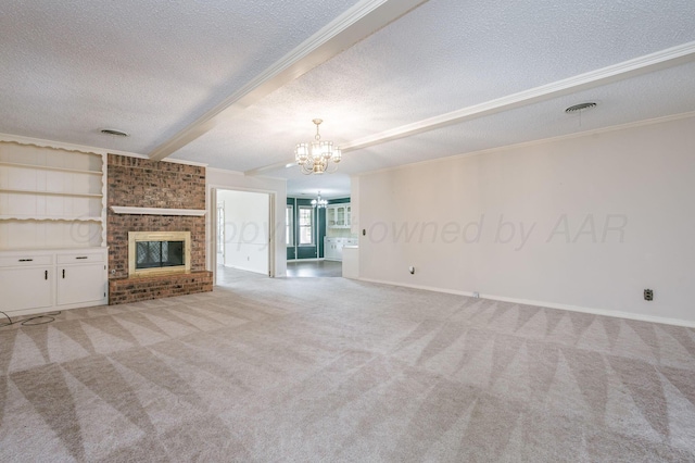 unfurnished living room featuring a textured ceiling, light carpet, and an inviting chandelier