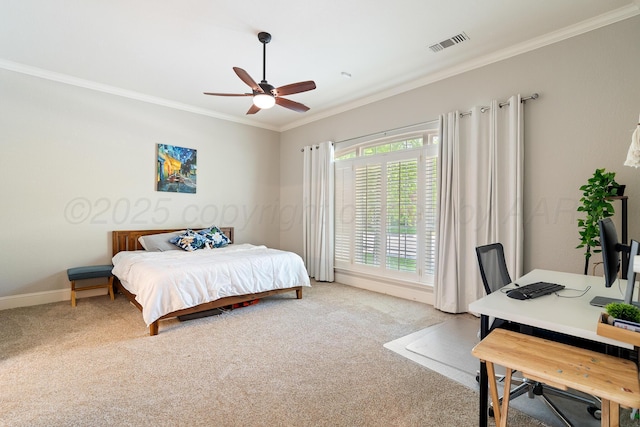 7323 Parkway Dr, Amarillo, TX 79119 - bedroom featuring crown molding, light colored carpet, an office area, baseboards, and ceiling fan