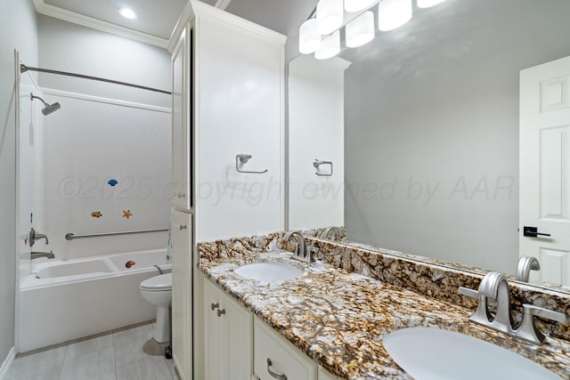 7323 Parkway Dr, Amarillo, TX 79119 - bathroom featuring shower / bathtub combination, double vanity, crown molding, and toilet
