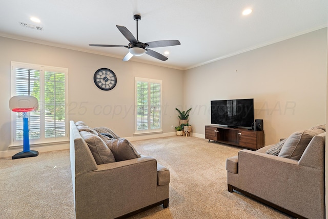7323 Parkway Dr, Amarillo, TX 79119 - living room featuring carpet flooring, healthy amount of natural light, crown molding, baseboards, and recessed lighting