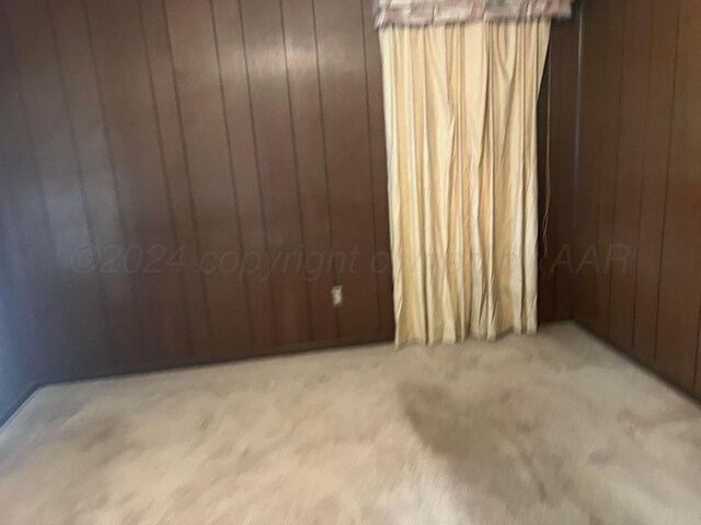 unfurnished room with light carpet and wooden walls