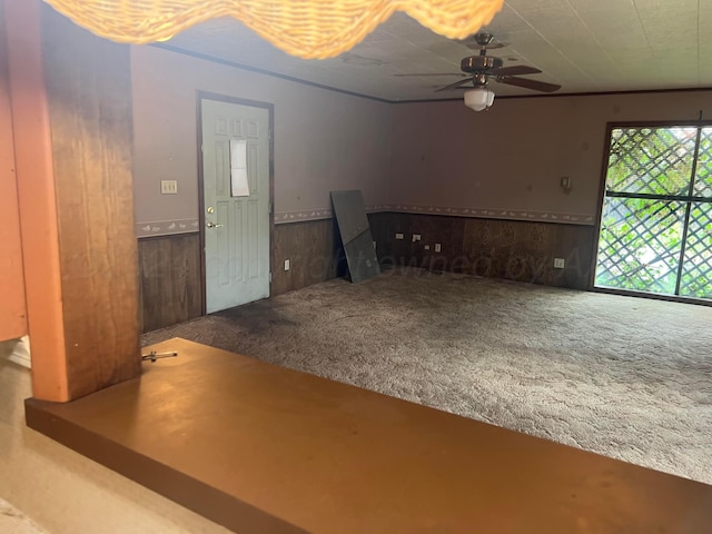 interior space with carpet, ceiling fan, and wooden walls