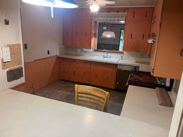 kitchen with ceiling fan, sink, dishwasher, and hanging light fixtures