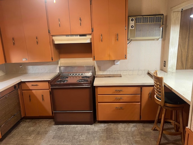 kitchen with a wall mounted AC and black stove