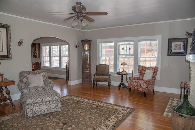 2122 S Hayden St, Amarillo, TX 79109 - living area featuring wood finished floors, plenty of natural light, a ceiling fan, and ornamental molding