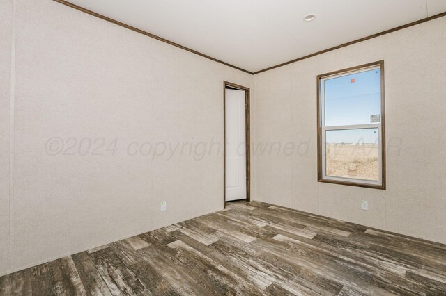 empty room with wood-type flooring and crown molding