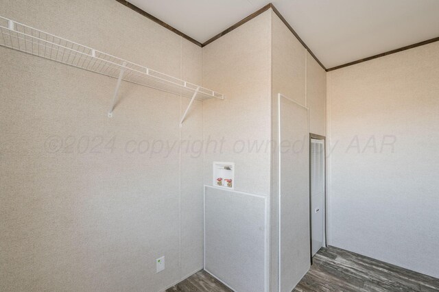 washroom with washer hookup, dark hardwood / wood-style floors, and ornamental molding