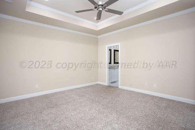 carpeted empty room featuring crown molding, ceiling fan, and a raised ceiling