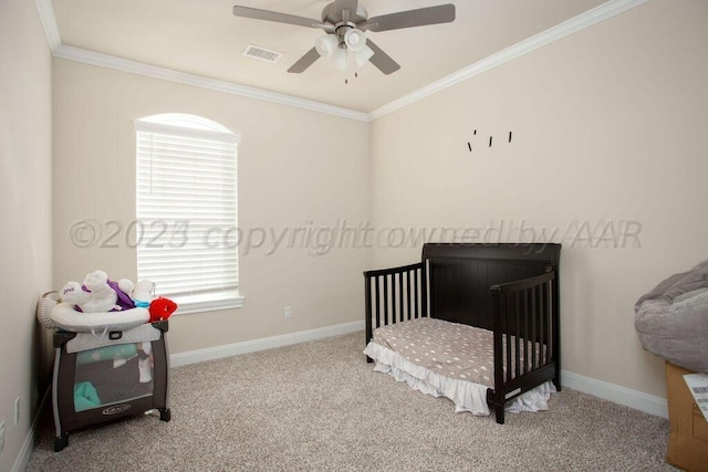 bedroom with light carpet, ornamental molding, and ceiling fan