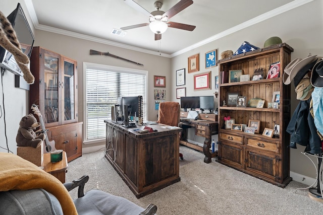 6702 Tatum Cir, Amarillo, TX 79119 - office space with light carpet, crown molding, and a ceiling fan