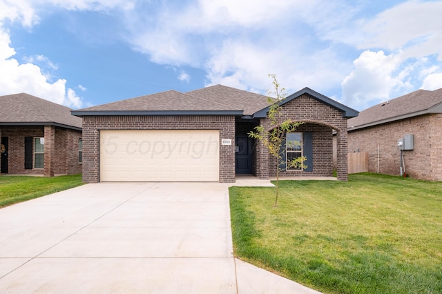 ranch-style home with a garage, concrete driveway, brick siding, a shingled roof, and a front yard