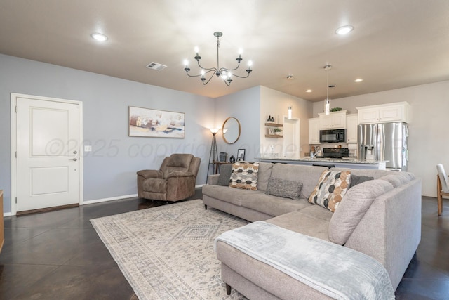 4607 Gloster St, Amarillo, TX 79118 - living room featuring visible vents, concrete flooring, baseboards, an inviting chandelier, and recessed lighting