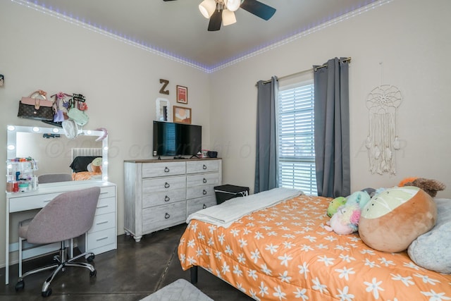 4607 Gloster St, Amarillo, TX 79118 - bedroom featuring finished concrete floors, a ceiling fan, and crown molding