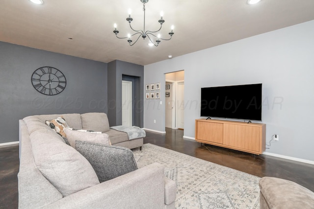 4607 Gloster St, Amarillo, TX 79118 - living room featuring baseboards, recessed lighting, concrete flooring, and a chandelier