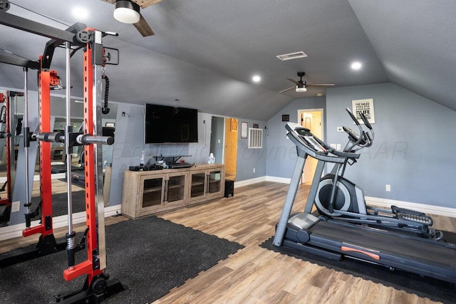8121 Alexandria Ave, Amarillo, TX 79118 - workout room with ceiling fan, wood finished floors, baseboards, and vaulted ceiling