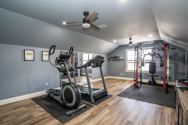 8121 Alexandria Ave, Amarillo, TX 79118 - exercise room featuring a ceiling fan, wood finished floors, baseboards, and lofted ceiling