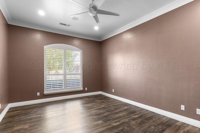 8121 Alexandria Ave, Amarillo, TX 79118 - spare room featuring ornamental molding, a ceiling fan, dark wood-style flooring, and baseboards