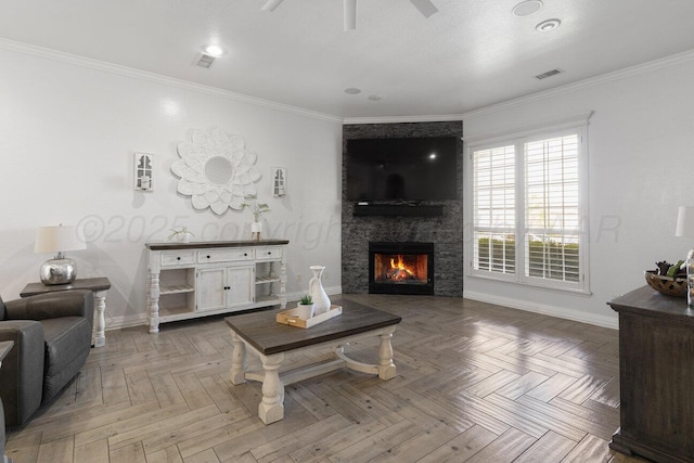 8121 Alexandria Ave, Amarillo, TX 79118 - living area featuring crown molding, a large fireplace, a ceiling fan, baseboards, and recessed lighting