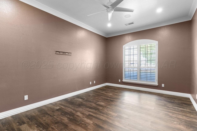 8121 Alexandria Ave, Amarillo, TX 79118 - empty room with ornamental molding, a ceiling fan, dark wood-style flooring, and baseboards