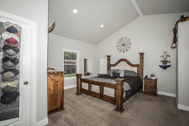 carpeted bedroom with recessed lighting, vaulted ceiling, and baseboards