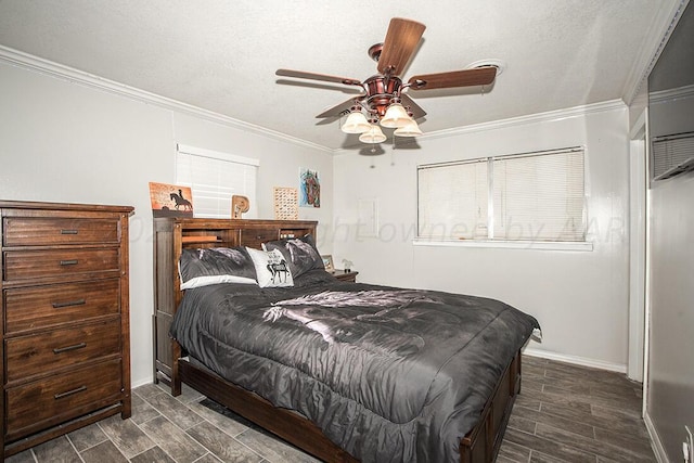 bedroom featuring a textured ceiling, ceiling fan, baseboards, ornamental molding, and wood tiled floor