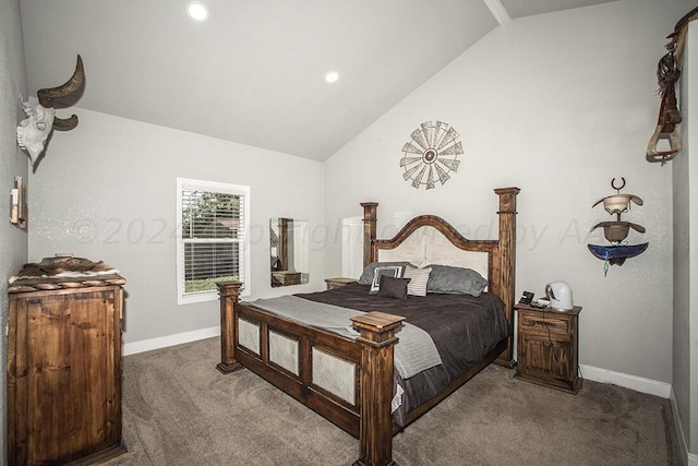 bedroom with lofted ceiling, baseboards, dark carpet, and recessed lighting