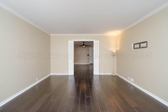 3408 Hawthorne Dr, Amarillo, TX 79109 - spare room featuring dark wood-style floors, baseboards, crown molding, and ceiling fan