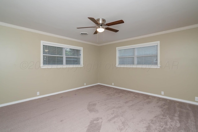3408 Hawthorne Dr, Amarillo, TX 79109 - empty room with ornamental molding, ceiling fan, baseboards, and carpet floors