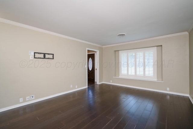 3408 Hawthorne Dr, Amarillo, TX 79109 - unfurnished living room featuring baseboards, dark wood-style flooring, and ornamental molding