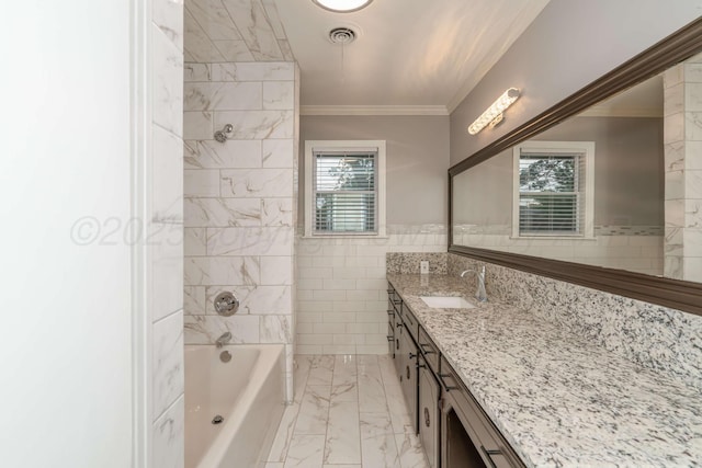 3408 Hawthorne Dr, Amarillo, TX 79109 - bathroom with marble finish flooring, vanity, crown molding, and tile walls